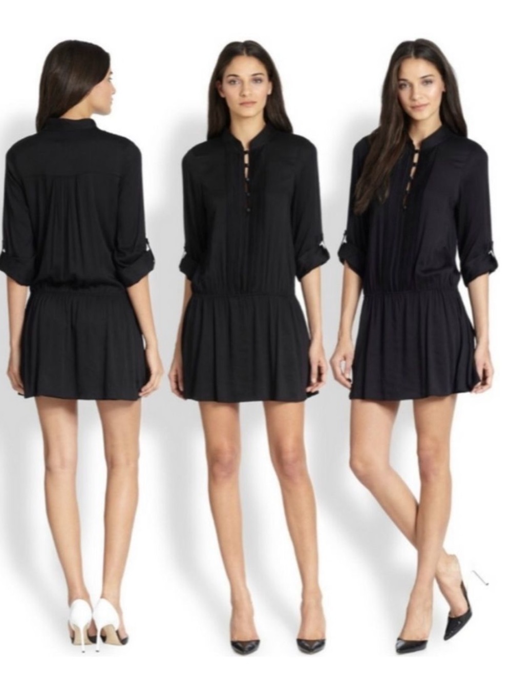 Alice + Olivia Yvonne Pleat Rayon Black Mini Shirt Dress ❤️❤️